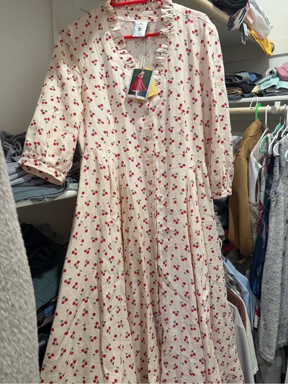 Son de Flor Classic Dress Long Sleeve Cherry Ruffle Midi Dress NWT